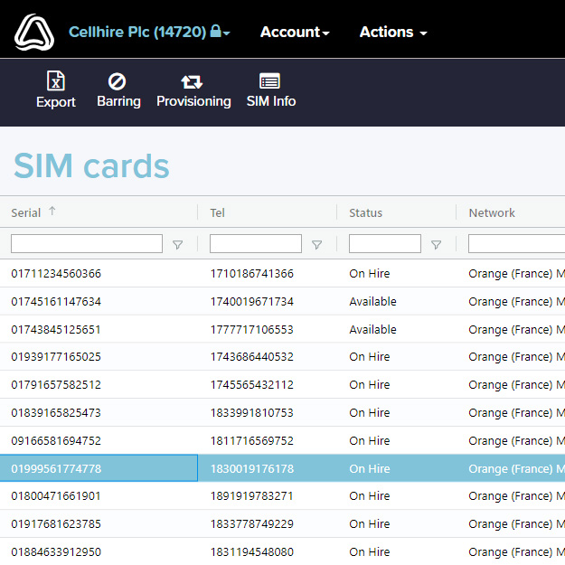Atlas SIM Management Portal list of SIMS